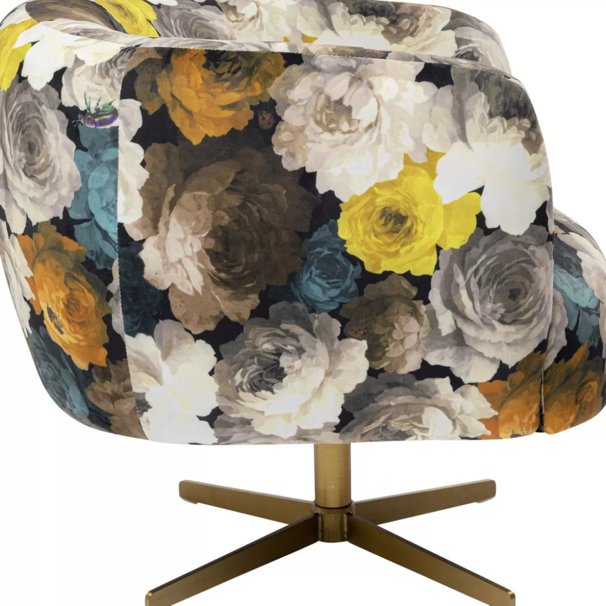 Poltrona Girevole Design KARE con Rivestimento Floreale Peonia - Tessuto Giallo Sole e Struttura Moderna
