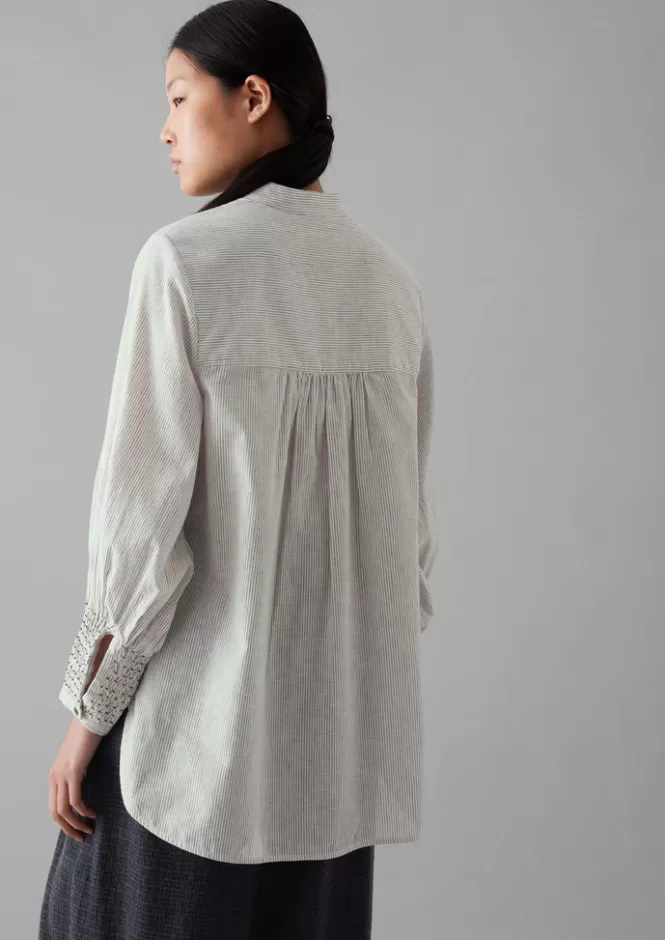 Offerta Lampo: Camicia Femminile in Cotone e Lino con Ricami Artigianali a Righe - Top Elegante con Finiture Artigianali | Abbigliamento Casual e T-Shirt Stilose
