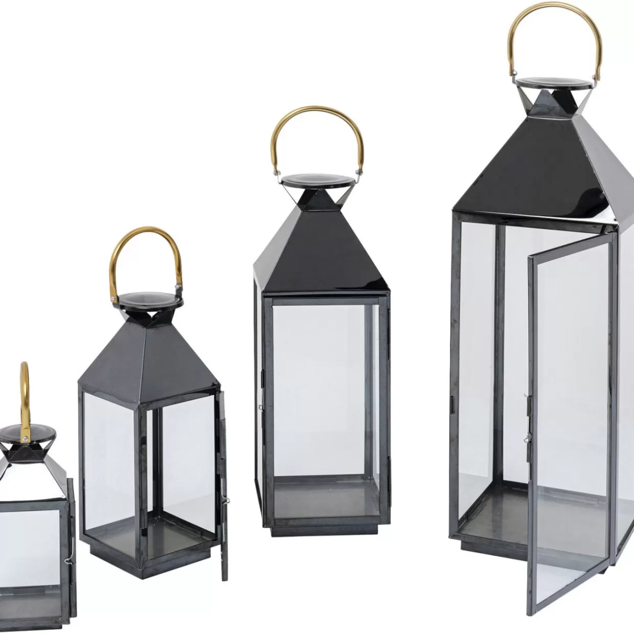 Lanterna decorativa Giardino in stile moderno - Set da 4 pezzi in finitura oro antico su struttura nera | Collezione esclusiva KARE Design per arredamento esterno ed interni