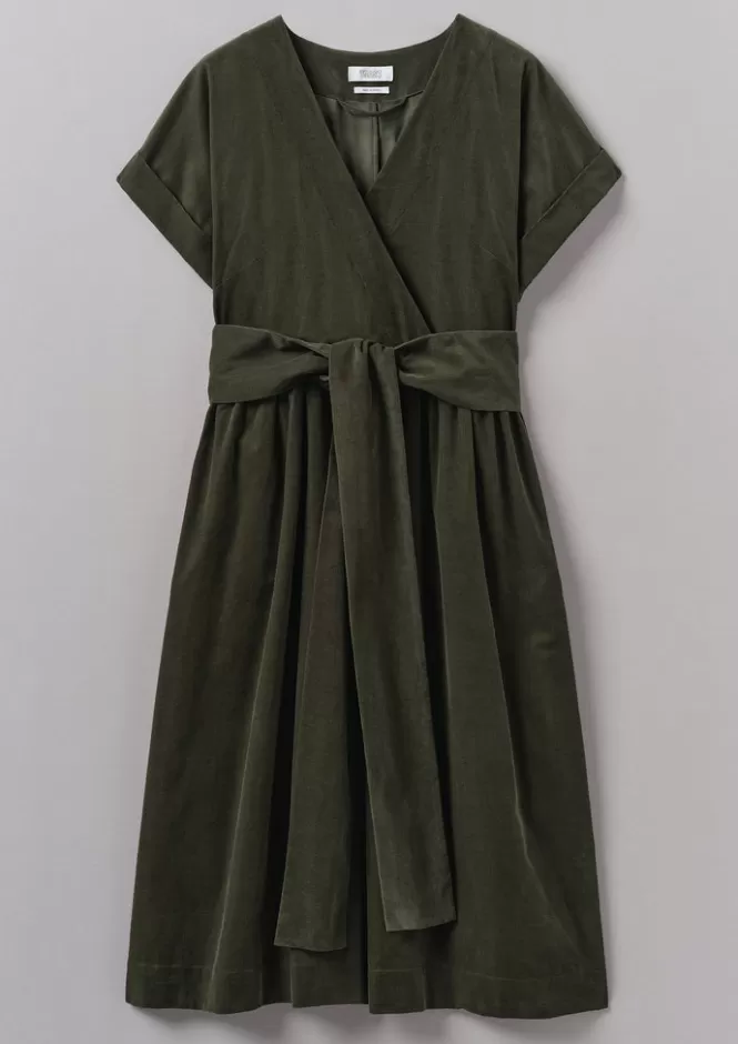 Abito donna in needlecord biologico con chiusura avvolgente - Vestito casual sostenibile con dettagli artigianali