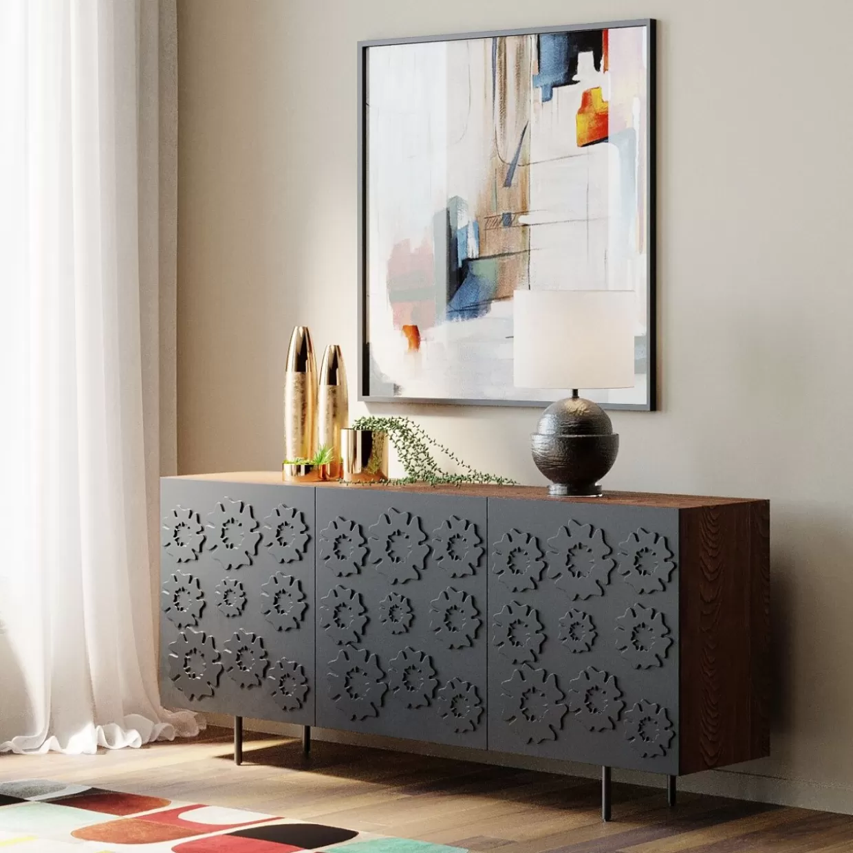 Credenza Moderna Fiori KARE Design - Mobile Sala da Pranzo 160x75 cm, Comò Elegante con Decorazioni Botaniche per Arredamento Contemporaneo