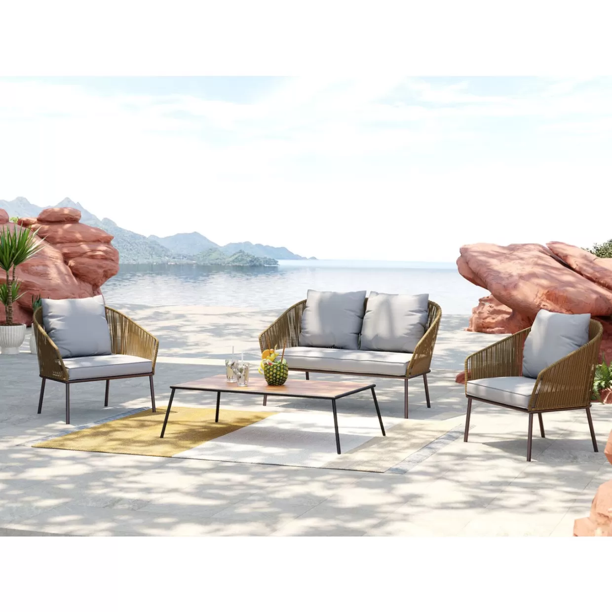 KARE Design - Set da Giardino Elba Quattro in Tonalità Naturali, Composizione Completa 4 Pezzi per Esterni Confortevoli
