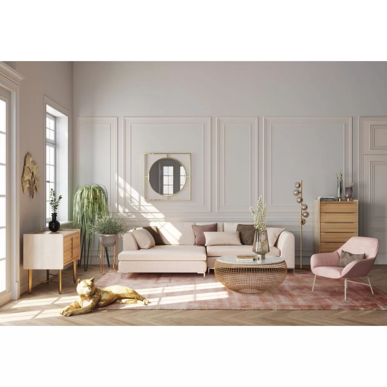 KARE Specchio Decorativo con Cornice Stanford Dorata - Diametro 90 cm per Interni Moderni