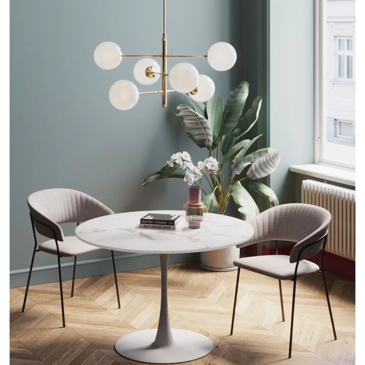 Elegante tavolo design KARE Collezione Schickeria in marmo bianco - Diametro 110cm per arredamento ricercato